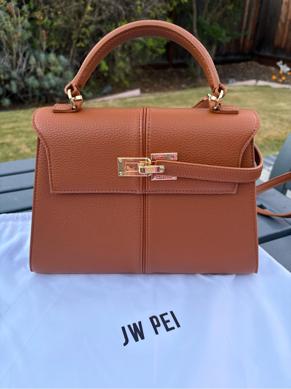 JW PEI Cognac Structured Top-Handle Satchel with Gold Hardware